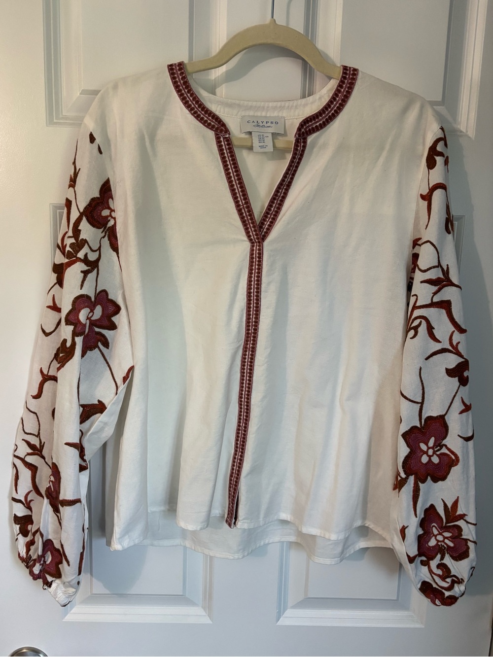 Calypso St. Barth White Tunic with Red Floral Embroidered Sleeves